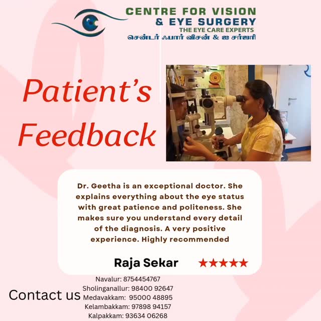 Grateful for such kind words from our patients! 🙏
At the Centre for Vision and Eye Surgery, we believe that every patient deserves clear explanations, compassionate care, and the best treatment.

Thank you for trusting Dr. Geetha with your eye health. Your vision is always our priority. 👁️✨

#PatientFeedback #HappyPatients #EyeCareExcellence #CentreForVisionAndEyeSurgery #ChennaiEyeCare TrustedEyeCare PatientExperience EyeHealth BestEyeDoctor ChennaiDoctors