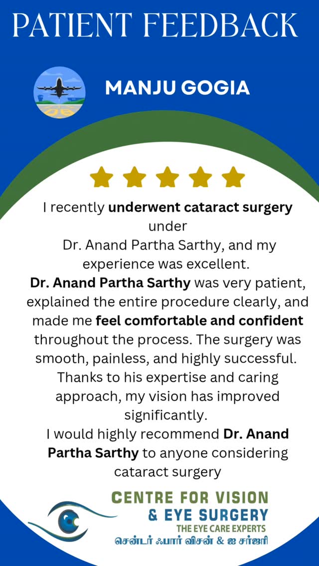 Thank you for sharing your experience with our eye care team. We are happy to hear that you are satisfied with the care and treatment provided. Wishing you healthy eyes and clear vision always.

📍 Centre for Vision and Eye Surgery – Branches
📞 Sholinganallur – 9840092647
📞 Medavakkam – 9500048895
📞 Navalur – 8754454767
📞 Kelambakkam – 9789894157
📞 Kalpakkam – 9363406268

#eyehealth #cataractsurgery #ophthalmology #eyehoapital #EyeCare